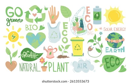 Eco-friendly illustration with recycling icons, green energy, compost bin, organic food, and Earth symbols promoting sustainability and natural living.