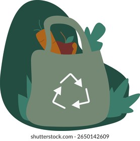 Eco-friendly illustration of a reusable shopping bag with recycling symbol and vegetables. Perfect for sustainability, zero waste, and green living themes.