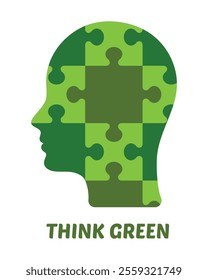 Eco-friendly illustration. Silhouette of a human head assembled from green puzzles. Mental health awareness. Symbol of mental illness.