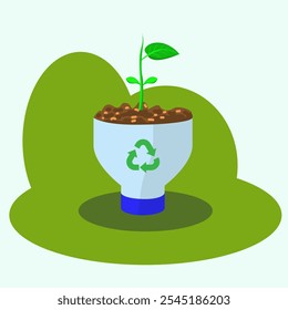 Una ilustración ecológica de una Pequeña planta que crece en una jardinera de botellas de plástico recicladas, que simboliza la sostenibilidad, el reciclaje y la vida verde. Ideal para proyectos ambientales y de jardinería.