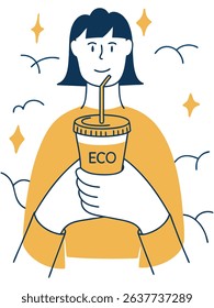 Eco-friendly illustration of a woman holding a reusable cup with a straw, surrounded by clouds and stars, promoting sustainability and environmental consciousness in a vibrant design
