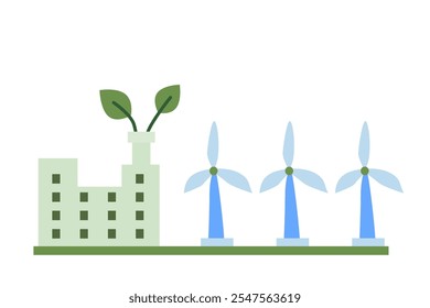 Eco-friendly industry concept with wind turbines and green energy factory.