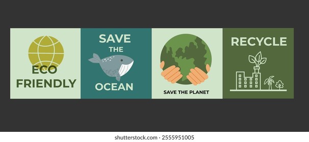 Eco-friendly initiatives: save the ocean and planet with recycling efforts. Set of eco posters - flat design.