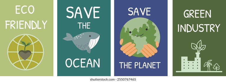 Eco-friendly initiatives: save the ocean, protect the planet, support green industry. Set of eco posters - flat design.
