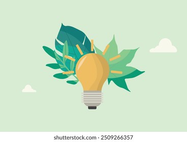 Eco-Friendly Innovation Concept with Light Bulb and Green Leaves Illustration