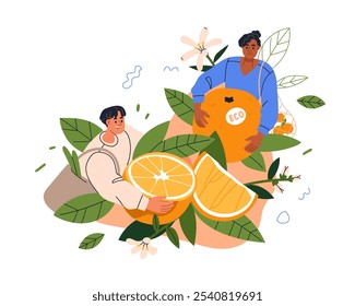 Eco-friendly labeled food concept. People choosing fresh organic oranges, healthy produce, natural eating. Sustainable lifestyle concept. Flat vector illustration isolated on white background