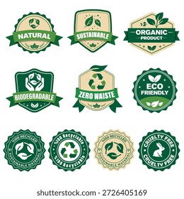 Eco-Friendly Labels and Sustainability Badges Vector Set for Organic and Recyclable Products