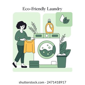 Eco-Friendly Laundry concept. Illustration portraying sustainable washing practices with natural detergents. Woman doing laundry mindfully. Vector illustration.