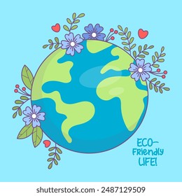 Eco-friendly life card. Blooming green planet Earth with flowers and leaves. Concept ecology, conservation and protection for nature, ecological lifestyle. Vector illustration