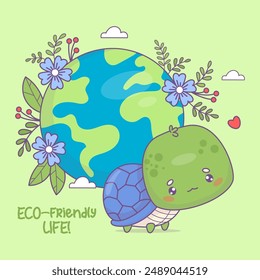 Vida ecológica. Lindo personaje de tortuga con el planeta verde Tierra y flores. Divertido reptil kawaii de dibujos animados. Concepto ecología, conservación y protección de la naturaleza, flora y fauna. Ilustración vectorial