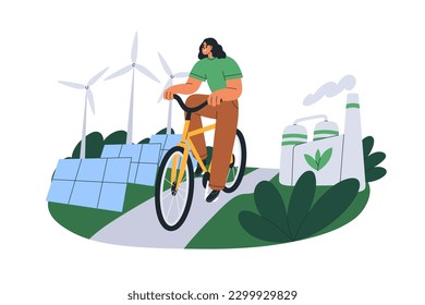 Eco-friendly life, ecology concept. Person rides bicycle, sustainable city transport. Green industry, renewable energy, solar panel, wind turbine. Flat vector illustration isolated on white background