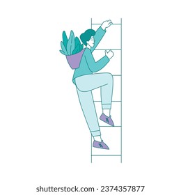 Eco-friendly Life with Man Climb Ladder with Plants Save Planet Vector Illustration