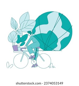 Eco-friendly Life with Man Ride Bicycle Carry Houseplant and Globe Save Planet Vector Illustration