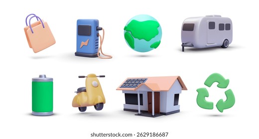 Eco-Friendly Lifestyle 3D Icons Featuring Electric Scooter, Solar House, Battery, EV Charger, Globe, Recycle Symbol, and More in Minimal Cartoon Style. Sustainability Concept. Vector Illustration.