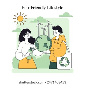 Eco-Friendly Lifestyle concept. Individuals embracing sustainability, using renewable energy, and practicing recycling. Daily life with environmental awareness. Vector illustration.