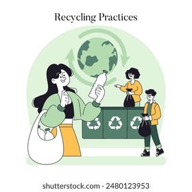 Umweltfreundliches Lifestyle-Konzept. Der Einzelne beteiligt sich am Recycling und trägt so zum Umweltschutz bei. Gemeinschaft engagiert sich für nachhaltige Praktiken. Vektorillustration.