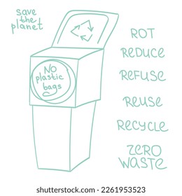 Eco-friendly lifestyle and Go Green concept. Hand drawn vector illustration. Garbage sorting set. Bins with recycling. Vector illustration for zero waste, environment protection concept. Hand drawn ve