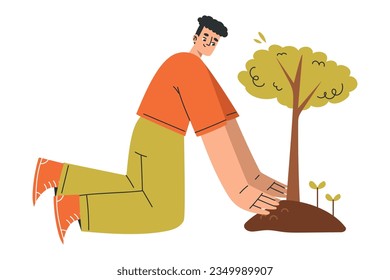 Eco-friendly Lifestyle with Man Character Planting Tree Vector Illustration