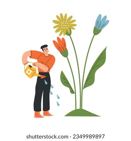 Eco-friendly Lifestyle with Man Character Watering Flowers Vector Illustration
