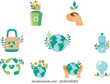 Eco-Friendly Lifestyle Recycling, Sustainability, and Planet Earth Icons - Vector Illustration
