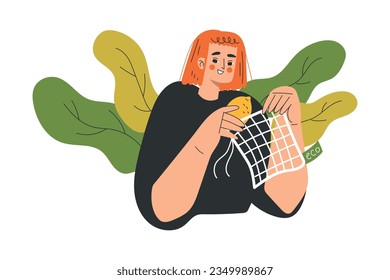 Eco-friendly Lifestyle with Redhead Woman Character Put Lemon in Mesh Bag Vector Illustration