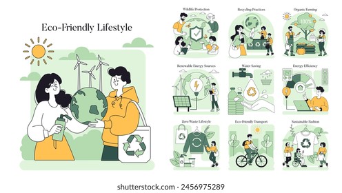 Eco-Friendly Lifestyle set. Daily habits for sustainable living with energy conservation. Renewable resources, recycling, and green transport. Vector illustration.