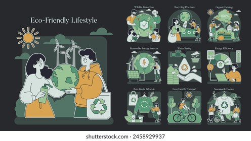 Eco-Friendly Lifestyle set. Sustainable practices for a green future. Renewable energy, water conservation, recycling, and organic farming. Vector illustration.