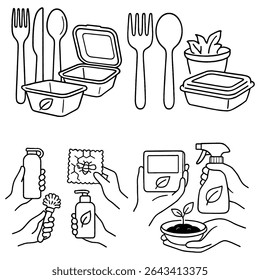 Eco-friendly lifestyle silhouette illustration featuring reusable cutlery, containers, cleaning supplies, and a plant. The distinctive line art silhouette style.