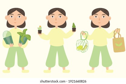 Eco-friendly lifestyle. Surrounding yourself with plants, flowers and sustainable recyclables. The girl is holding home plants in pots in her hands. Vector illustration set.