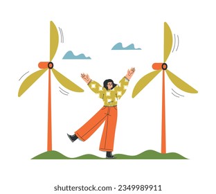 Eco-friendly Lifestyle with Woman Character Near Wind Generator Vector Illustration