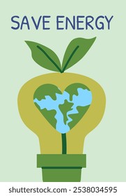 Eco-friendly light bulb with earth heart encourages energy conservation.