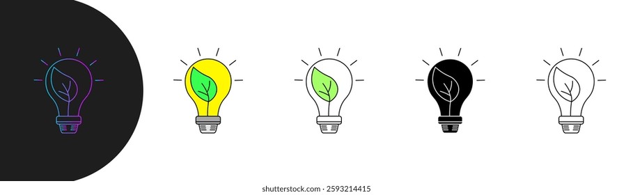 Eco-friendly light bulb icon set with minimalist line design, featuring leaves inside to symbolize green energy and sustainability. With gradient, fill, solid and line variations. Editable stroke
