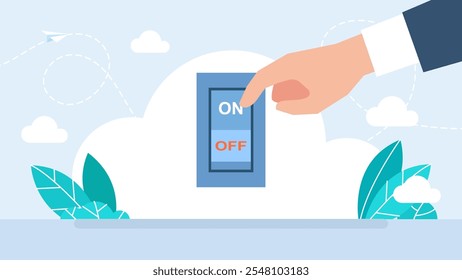 Eco-friendly lighting. Turn on and off using light switches. Conserve energy by turning off the lights when they are not in use. Man Hand Turning On Light Bulb with Light Switches. Vector Illustration