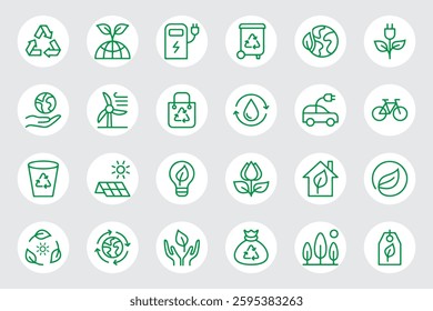 Eco-friendly line icons in a modern circular style, representing sustainability, recycling, renewable energy, and environmental conservation. Perfect for green projects and eco campaigns.
