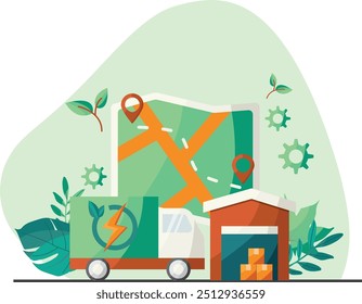 Eco-Friendly Logistics and Delivery Concept with Green Truck, Warehouse, and Map Illustration (Logística e conceito de entrega ecologicamente corretos com caminhão verde, armazém e ilustração de mapas). Gerenciamento da cadeia de fornecimento. Ilustração da cadeia de fornecimento ecológica