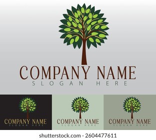 Eco-friendly logo design featuring green tree and leaves.