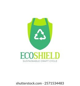 Eco-friendly logo featuring a green apron and recycling symbol on a shield, promoting sustainability and environmental care.