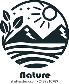 Eco-friendly logo featuring a plant sprouting between mountains and water.