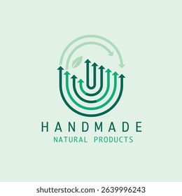 Eco-friendly logo with green arrows forming a circular design, symbolizing natural growth, sustainability, and handmade products.