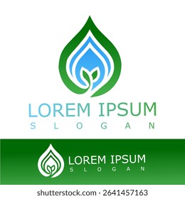 Eco-friendly logo with a green and blue layered leaf design enclosing a sprouting plant, representing sustainability, growth, and nature