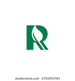 Umweltfreundliches Logo des grünen Blattes R Symbol für natürliche Produktfirmen. Einzeln auf weißem Hintergrund.