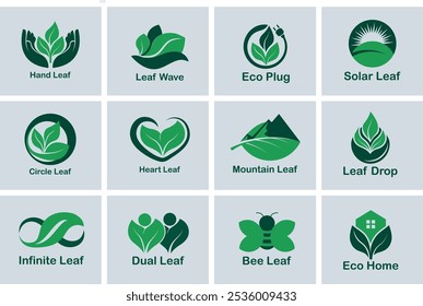 Conjunto de logotipo ecológico, símbolos inspirados en la Naturaleza con hojas, casa, montaña y etc