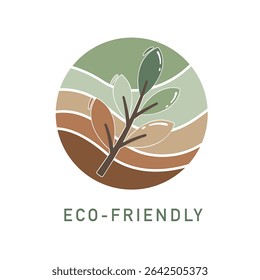 Eco-friendly logo with a stylized plant branch over abstract landscape layers, symbolizing nature, sustainability, and harmony.