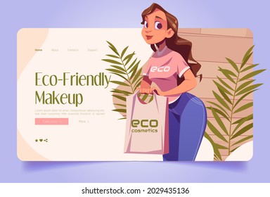 Eco-friendly makeup concept with illustration of woman shop assistant with eco cosmetics in bag. Vector landing page of beauty store with natural skincare products with cartoon girl seller