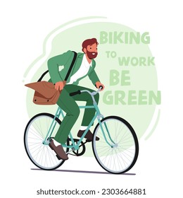 Eco-friendly Man Rides A Bike to Work For Sustainability And Health, Reducing Carbon Footprint And Promoting A Healthy Lifestyle. Male Character Cycling. Cartoon People Vector Illustration, Poster