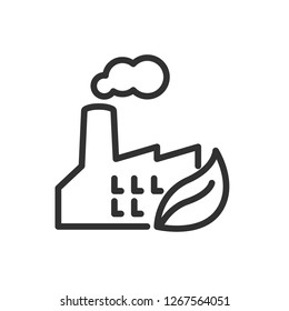 eco-friendly manufacturing. factory and leaf. linear icon. Line with editable stroke