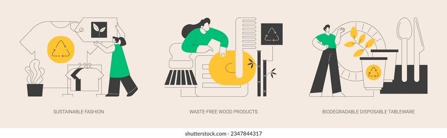 Eco-friendly materials abstract concept vector illustration set. Sustainable fashion, waste-free wood products, biodegradable disposable tableware, zero waste, green technologies abstract metaphor.