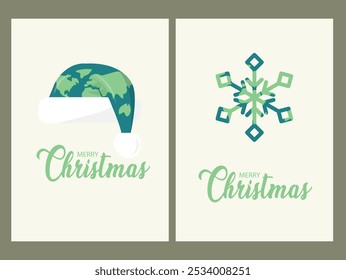 Eco-Friendly Merry Christmas Designs with Global Theme. Two eco-conscious Christmas designs. Eco-friendly christmas poster set. Sustainable christmas. Vector illustration