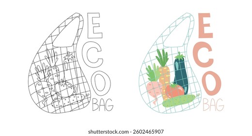 Eco-friendly mesh grocery bag filled with fresh vegetables and eco lettering. Great for farmers markets, sustainable shopping, and organic lifestyle concepts.