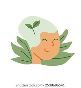 Eco-friendly minimalist art portrait with leaf motif and soft colors.